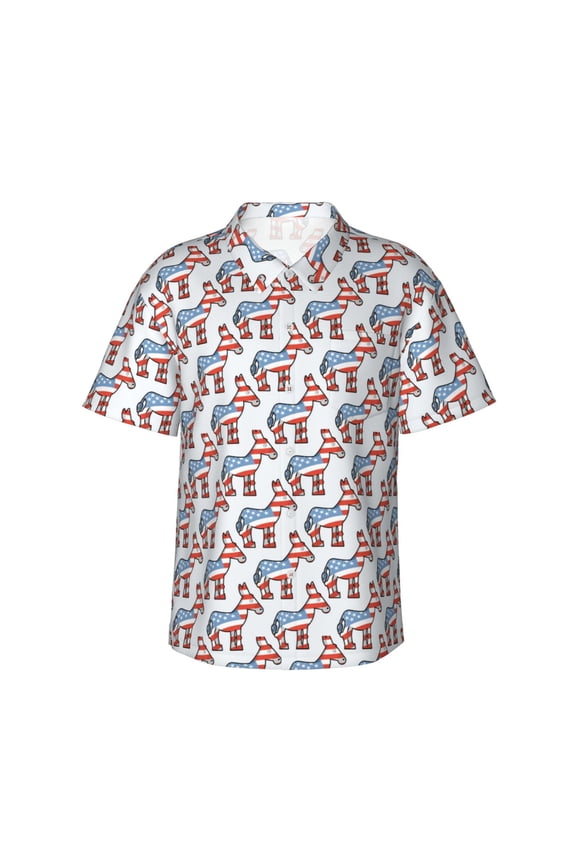 Donkey Print Men's Short-sleeved Shirts, Button-down Lapel Hawaiian Shirts, T-shirts, Beach Vacation Summer Casual Wear,Large