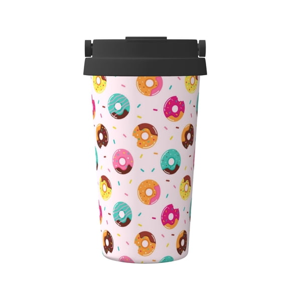 Gukieu Donut Print Insulated Coffee Cup, Portable Stainless Steel Vacuum Cup with Lid, Unisex, Suitable for Office, Cafe, Car