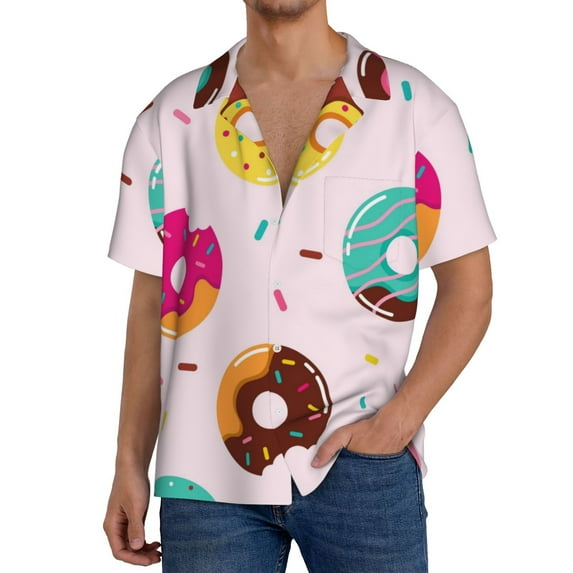 Gukieu Donut Print Men's Short-sleeved Shirts, Button-down Pocket Shirts, T-shirts, Beach Vacation Travel Summer Clothing-3X-Large