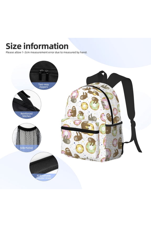 Donut Sloth Print Backpack, Waterproof Backpack with Adjustable Shoulder Straps, Suitable for Campus, Business, Travel, Unisex