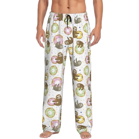 Gukieu Donut Sloth Print Men's Home Trousers, Elastic Drawstring Home Pajamas Clothing Suitable for Adult Men-Large