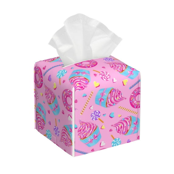 Gukieu Donuts Print Leather Tissue Box, PVC Waterproof Velcro Opening and Closing Square Tissue Box Holder, Suitable for Home and Office Decoration