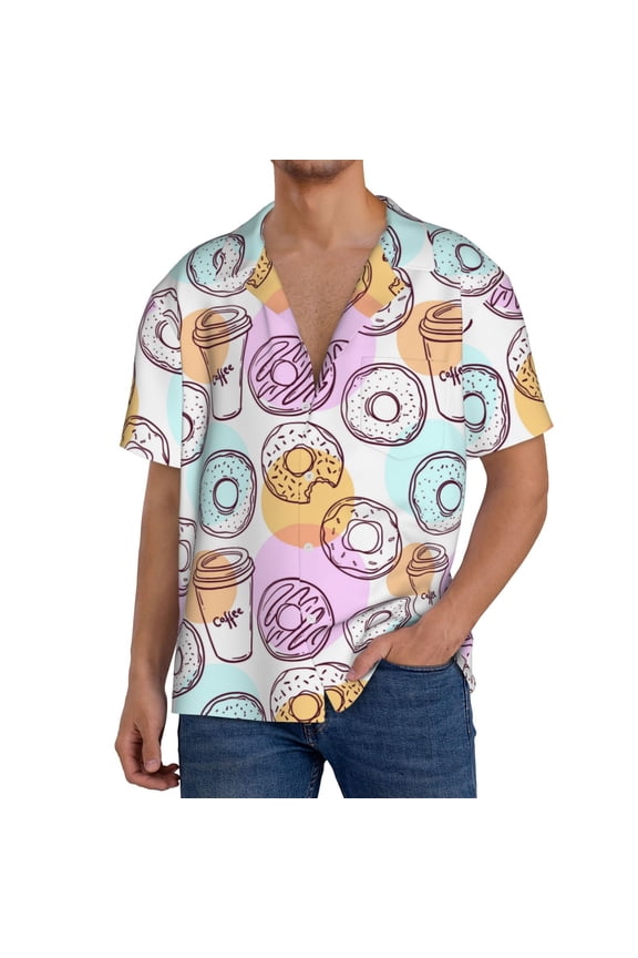 Donuts and Coffee Print Men's Short-sleeved Shirts, Button-down Pocket Shirts, T-shirts, Beach Vacation Travel Summer Clothing-X-Large