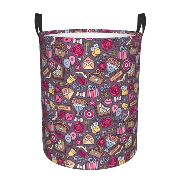 Gukieu Doodles Wedding Print Round Dirty Clothes Bag, Waterproof Standing Home Bathroom Storage Basket Car Trunk Storage Bag-Small