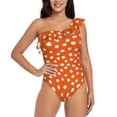 thumbnail image 1 of Gukieu Dots On Orange Background Print One-shoulder Ruffled One-piece Swimsuit with Removable Chest Pads and Tummy-control Swimsuit for Women-Large, 1 of 6