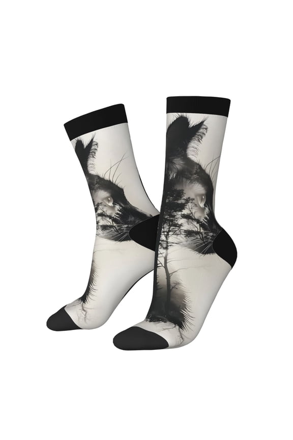 Double Exposure Cat Forest Print Contrast Color Mid-calf Socks, Sweat-wicking Athletic Socks, Unisex Clothing Accessories