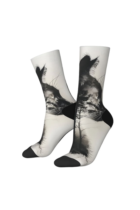 Double Exposure Cat Forest Print Contrast Color Mid-calf Socks, Sweat-wicking Athletic Socks, Unisex Clothing Accessories