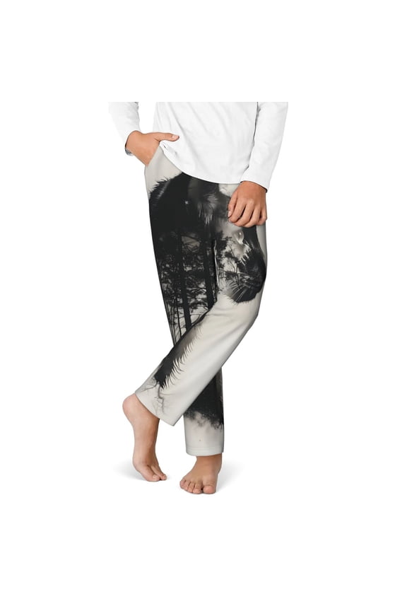 Double Exposure Cat Forest Print Youth Home Trousers, Elastic Waistband with Pockets for Home and Outing, Suitable for Children Aged 5-16-Medium