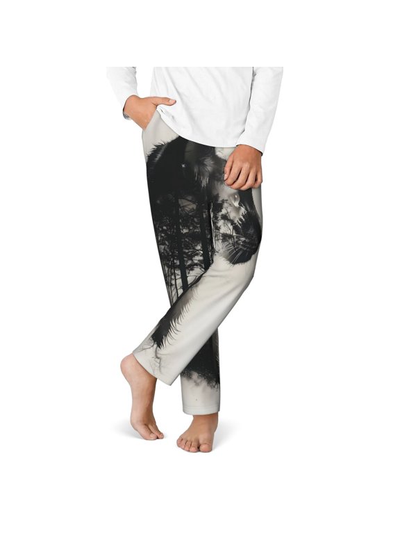 Double Exposure Cat Forest Print Youth Home Trousers, Elastic Waistband with Pockets for Home and Outing, Suitable for Children Aged 5-16-XS(5-6)