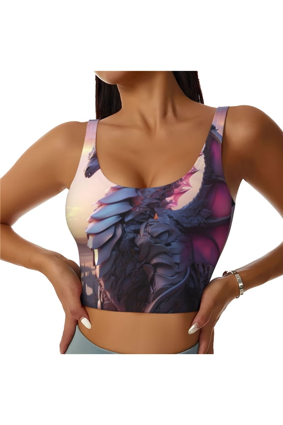 Dragon Print Women's Sports Vest, Low-neck U-shaped Removable Pad Sports Bra for Yoga, Exercise, Dance-Large