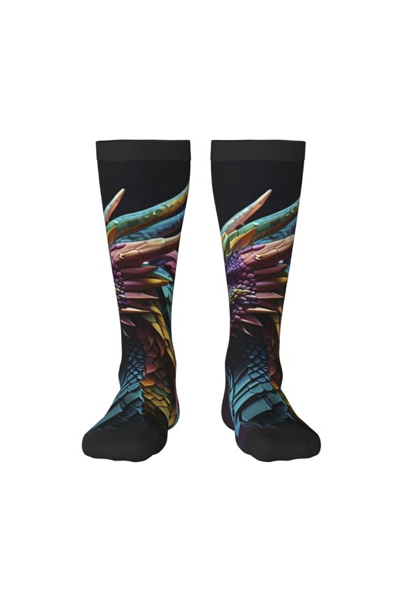Dragon with Colorful Tail Print Contrast Color Stockings, Elastic Sports Socks Warm Socks Clothing Accessories, Adult Unisex