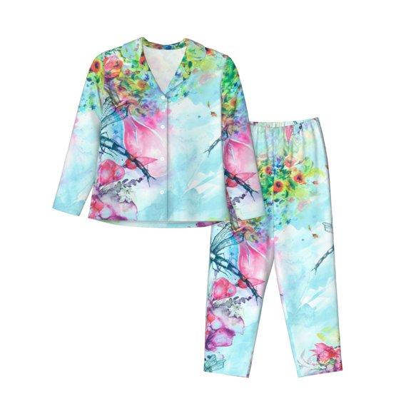 Gukieu Dragonfly Floral Print Women's Long Sleeve Pajama Set, Button Top Elastic Pocket Pajama Pants Two Piece Set Home Wear-XX-Large