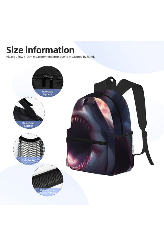 Dramatic Shark Attack Print Backpack, Waterproof Backpack with Adjustable Shoulder Straps, Suitable for Campus, Business, Travel, Unisex