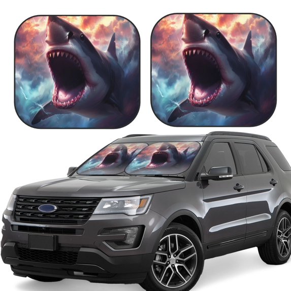Gukieu Dramatic Shark Attack Print Car Windshield Sun Visor, Foldable Anti-UV Car Sun Visor Suitable for Vans, Trucks Car Accessories-Small