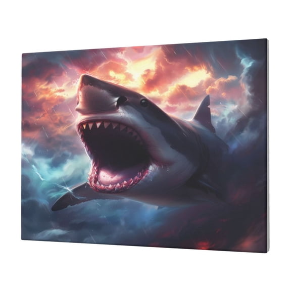 Gukieu Dramatic Shark Attack Print Horizontal Canvas Decorative Painting 12x16 Inch Shrinkage Resistant Frame Hanging Home Wall Art Decor