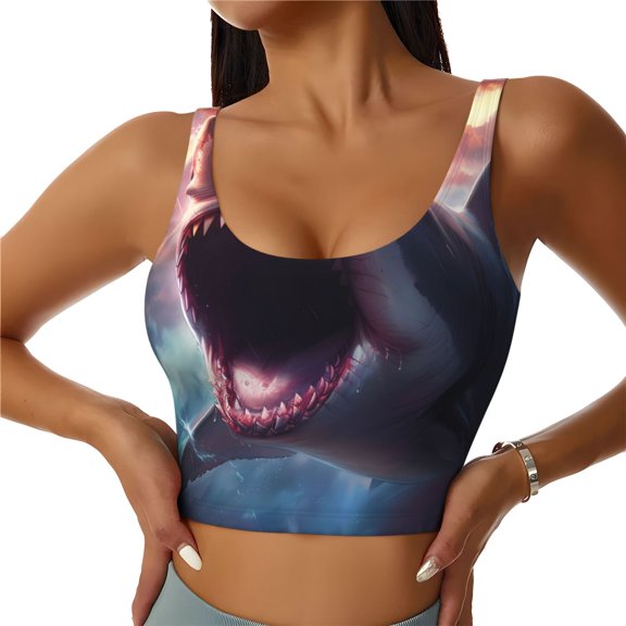 Gukieu Dramatic Shark Attack Print Women's Sports Vest, Low-neck U-shaped Removable Pad Sports Bra for Yoga, Exercise, Dance-XX-Large