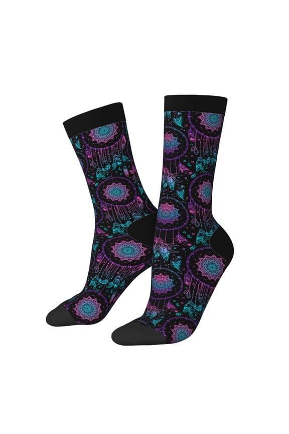 Dreamcatcher With Feathers Print Contrast Color Mid-calf Socks, Sweat-wicking Athletic Socks, Unisex Clothing Accessories