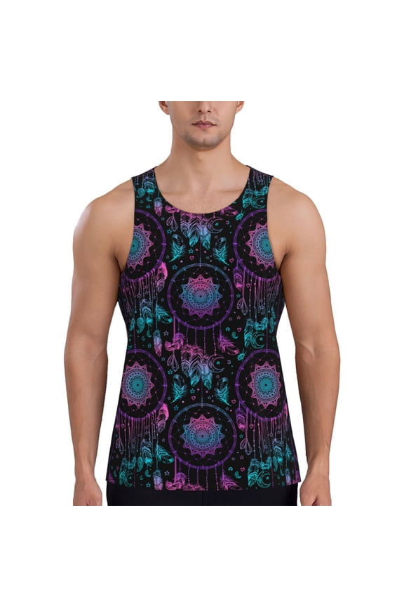 Dreamcatcher With Feathers Print Men's Quick Dry Fitness Vest, Round Neck Sleeveless Fitness Bodybuilding Top-Small