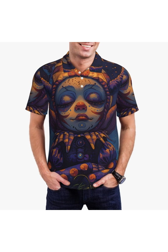 Dreamy Jester Under Stars Print Men's Quick-drying POLO Shirt, Button-down Summer T-shirt, Suitable for Work and Outdoor Activities-Large