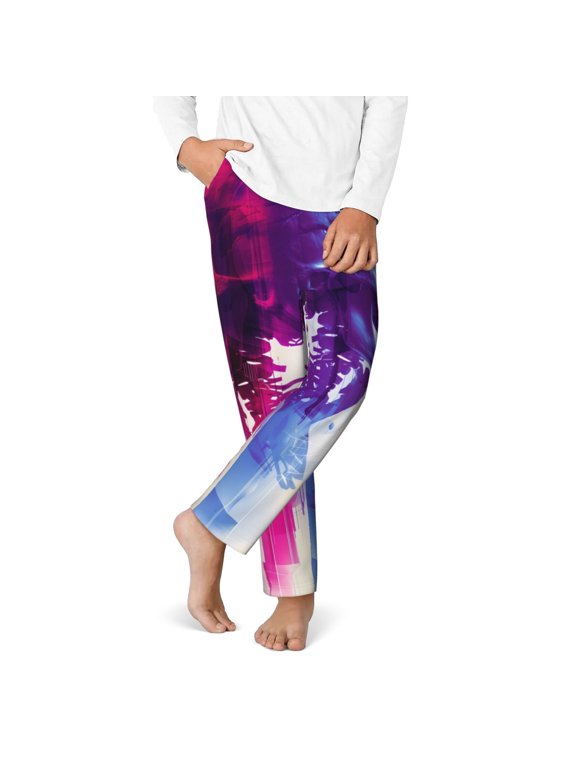 Dual Skulls Colorful Fusion Print Youth Home Trousers, Elastic Waistband with Pockets for Home and Outing, Suitable for Children Aged 5-16-XS(5-6)