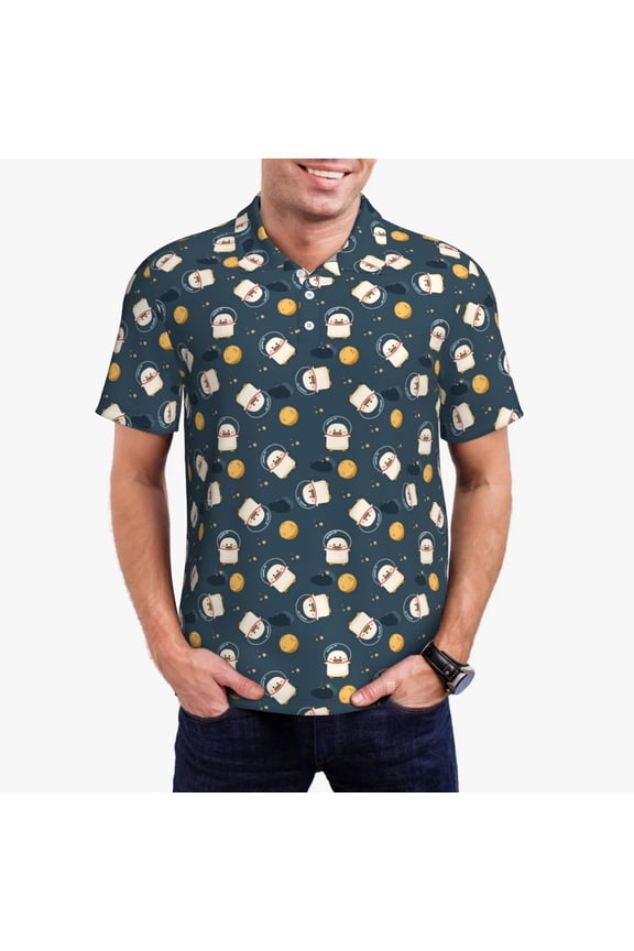 Duck In The Space Print Men's Quick-drying POLO Shirt, Button-down Summer T-shirt, Suitable for Work and Outdoor Activities-Small