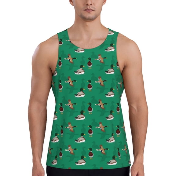Gukieu Duck Mallard Flying Pose Print Men's Quick Dry Fitness Vest, Round Neck Sleeveless Fitness Bodybuilding Top-Medium