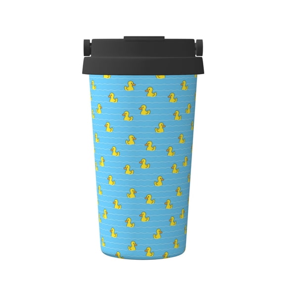 Gukieu Duck Swimming Print Insulated Coffee Cup, Portable Stainless Steel Vacuum Cup with Lid, Unisex, Suitable for Office, Cafe, Car