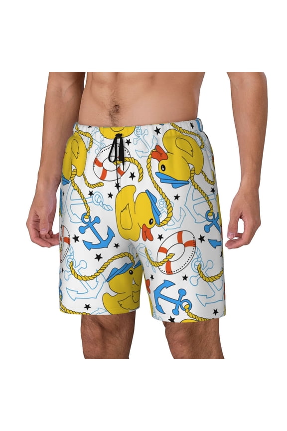 Ducks and Anchors Print Men's Double Layer Sports Swim Trunks, Quick Dry Adjustable Waist Swim Shorts Swimwear-X-Large