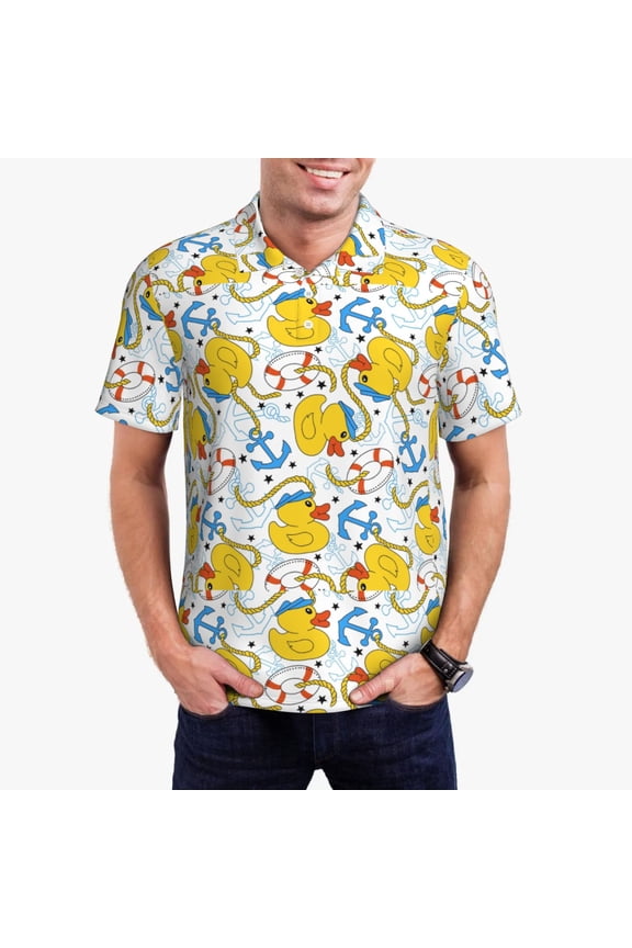 Ducks and Anchors Print Men's Quick-drying POLO Shirt, Button-down Summer T-shirt, Suitable for Work and Outdoor Activities-Medium