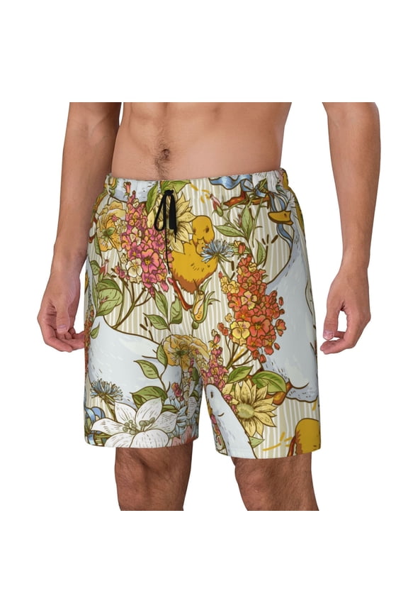 Ducks and Flowers Print Men's Double Layer Sports Swim Trunks, Quick Dry Adjustable Waist Swim Shorts Swimwear-XX-Large