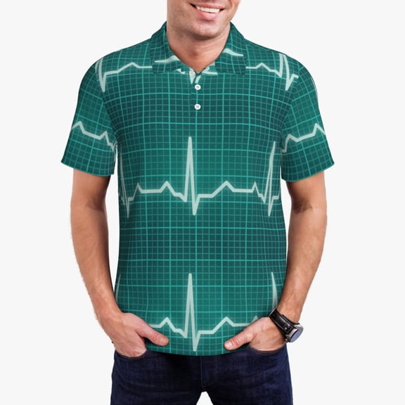 Gukieu ECG Wave Print Men's Quick-drying POLO Shirt, Button-down Summer T-shirt, Suitable for Work and Outdoor Activities-Small