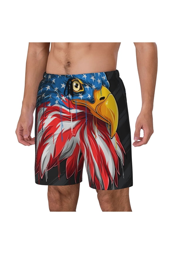 Eagle Head With American Flag Print Men's Double Layer Sports Swim Trunks, Quick Dry Adjustable Waist Swim Shorts Swimwear-X-Large