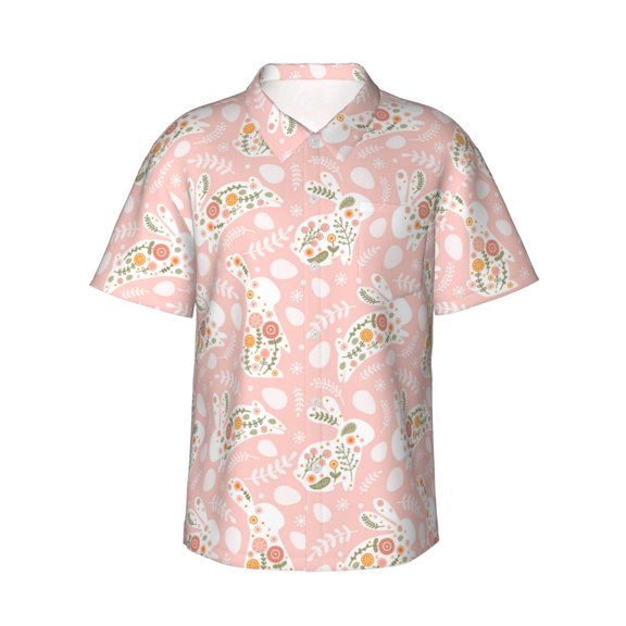Gukieu Easter Bunny Print Men's Short-sleeved Shirts, Button-down Lapel Hawaiian Shirts, T-shirts, Beach Vacation Summer Casual Wear,XX-Large