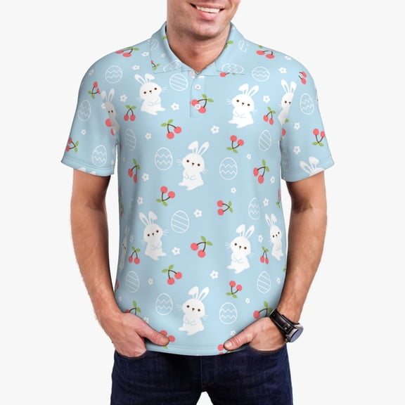 Gukieu Easter Rabbit Print Men's Quick-drying POLO Shirt, Button-down Summer T-shirt, Suitable for Work and Outdoor Activities-Small