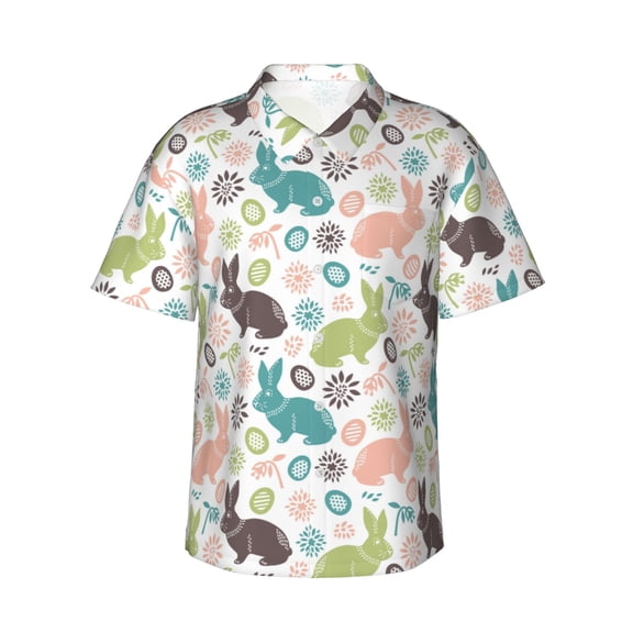 Gukieu Easter Rabbit Print Men's Short-sleeved Shirts, Button-down Lapel Hawaiian Shirts, T-shirts, Beach Vacation Summer Casual Wear,Small