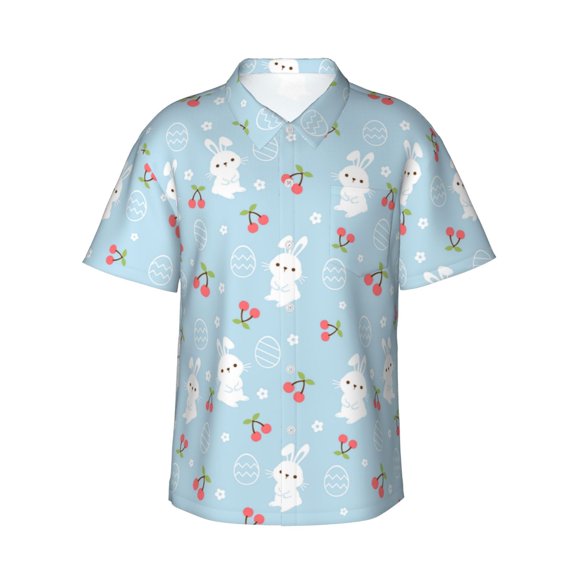 Gukieu Easter Rabbit Print Men's Short-sleeved Shirts, Button-down Lapel Hawaiian Shirts, T-shirts, Beach Vacation Summer Casual Wear,X-Large