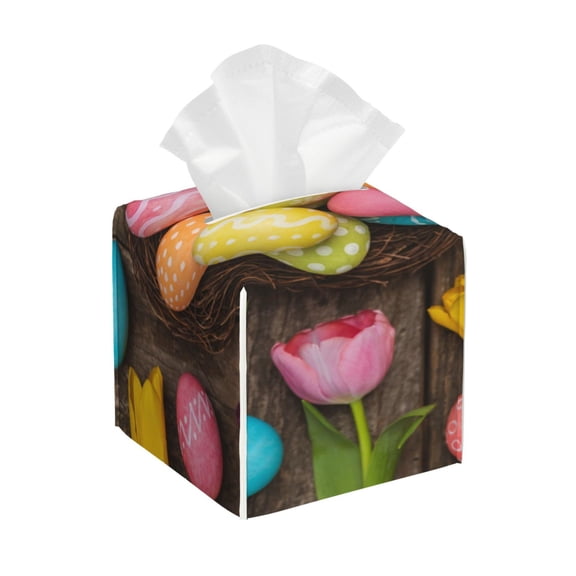 Gukieu Easter eggs Print Leather Tissue Box, PVC Waterproof Velcro Opening and Closing Square Tissue Box Holder, Suitable for Home and Office Decoration