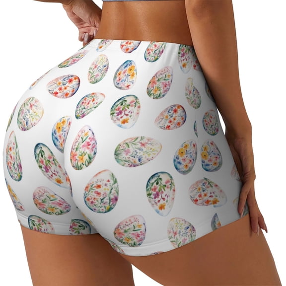 Gukieu Easter eggs with flowers Print Women's Sports Shorts, Elastic Waist High Stretch Running Yoga Gym Sweatpants-Small