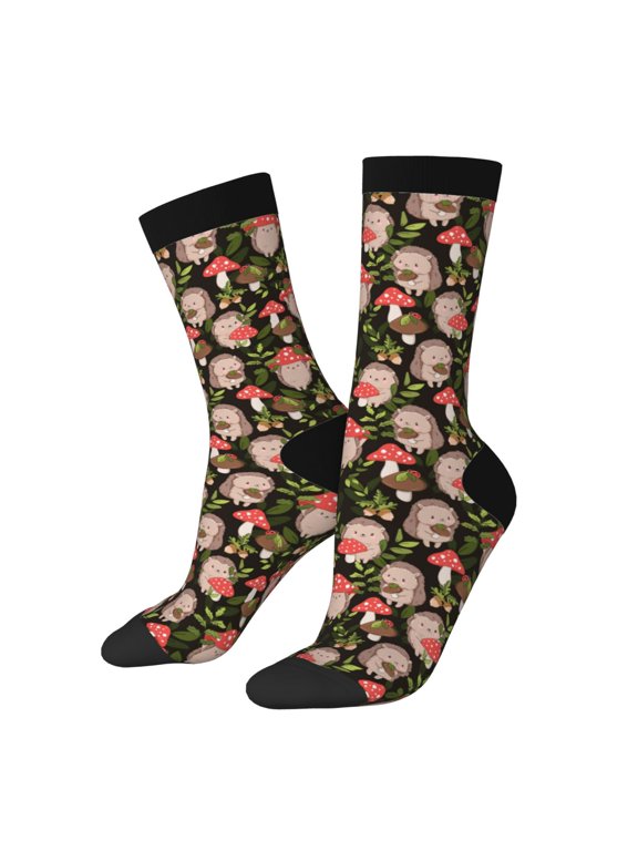 Edgehog and Mushrooms Print Contrast Color Mid-calf Socks, Sweat-wicking Athletic Socks, Unisex Clothing Accessories