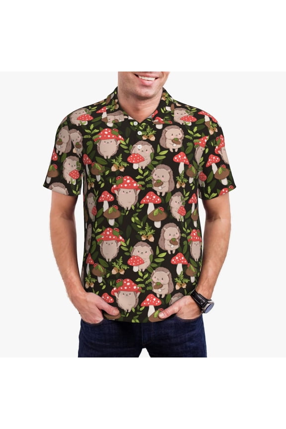 Edgehog and Mushrooms Print Men's Quick-drying POLO Shirt, Button-down Summer T-shirt, Suitable for Work and Outdoor Activities-3X-Large