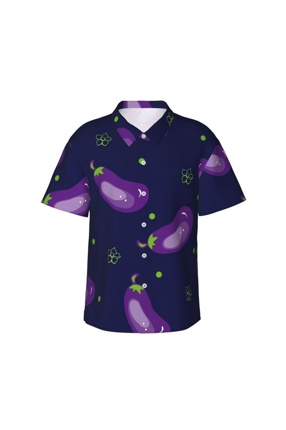 Eggplant Print Men's Short-sleeved Shirts, Button-down Lapel Hawaiian Shirts, T-shirts, Beach Vacation Summer Casual Wear,