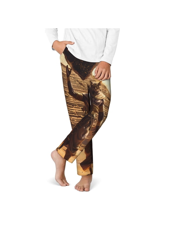 Egyptian Cat Pharaoh Magic Print Youth Home Trousers, Elastic Waistband with Pockets for Home and Outing, Suitable for Children Aged 5-16-Large