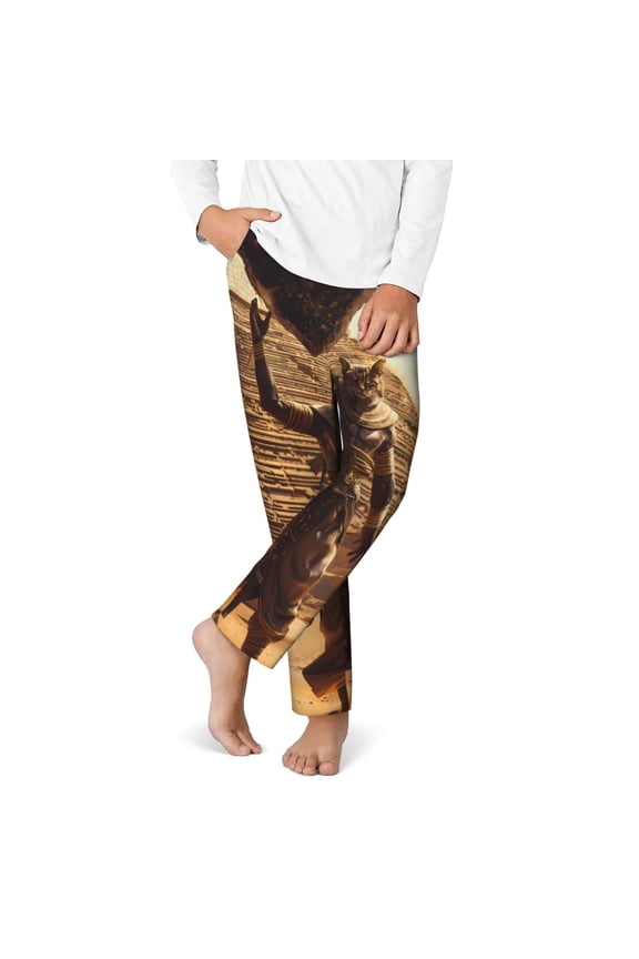 Egyptian Cat Pharaoh Magic Print Youth Home Trousers, Elastic Waistband with Pockets for Home and Outing, Suitable for Children Aged 5-16-Medium