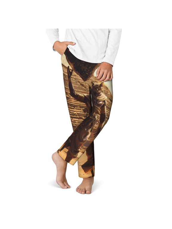 Egyptian Cat Pharaoh Magic Print Youth Home Trousers, Elastic Waistband with Pockets for Home and Outing, Suitable for Children Aged 5-16-Small