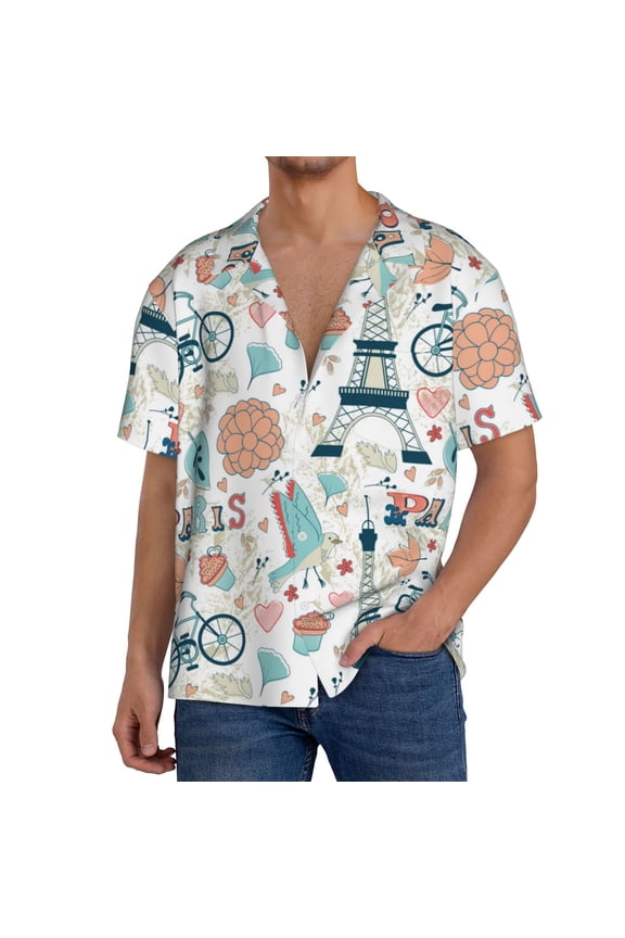 Eiffel Tower Print Men's Short-sleeved Shirts, Button-down Pocket Shirts, T-shirts, Beach Vacation Travel Summer Clothing-3X-Large