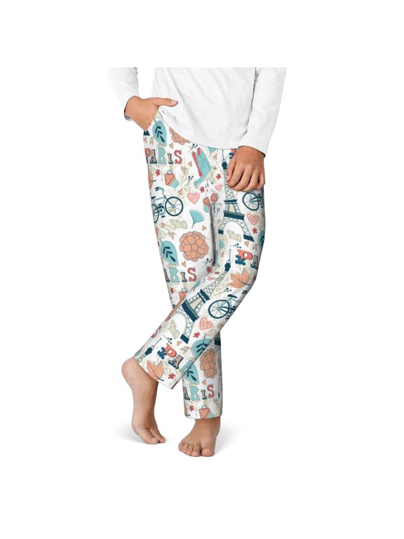 Eiffel Tower Print Youth Home Trousers, Elastic Waistband with Pockets for Home and Outing, Suitable for Children Aged 5-16-Medium