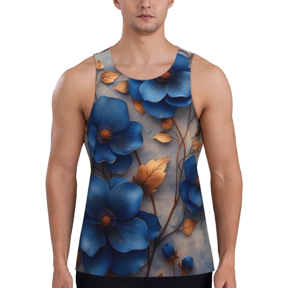 Gukieu Elegant Blue Gold Blooms Print Men's Quick Dry Fitness Vest, Round Neck Sleeveless Fitness Bodybuilding Top-X-Large