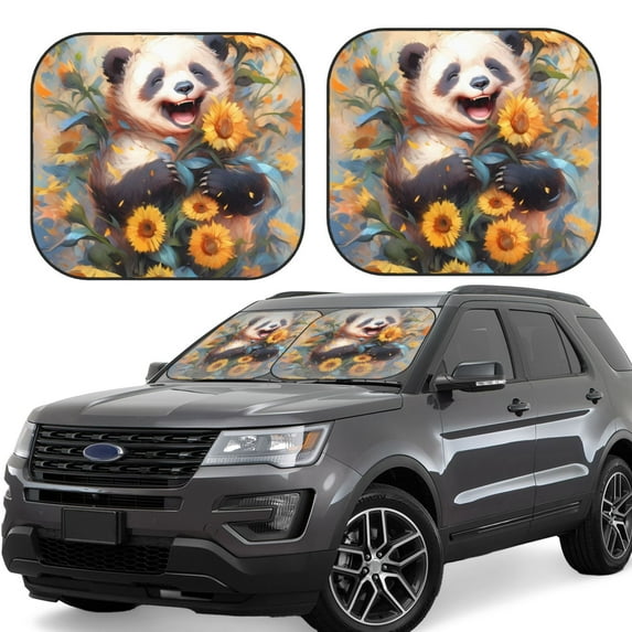 Gukieu Elegant Cute Panda Sunflower Print Car Windshield Sun Visor, Foldable Anti-UV Car Sun Visor Suitable for Vans, Trucks Car Accessories-Medium