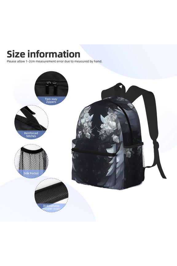 Elegant Feathered Floral Wings Print Backpack, Waterproof Backpack with Adjustable Shoulder Straps, Suitable for Campus, Business, Travel, Unisex