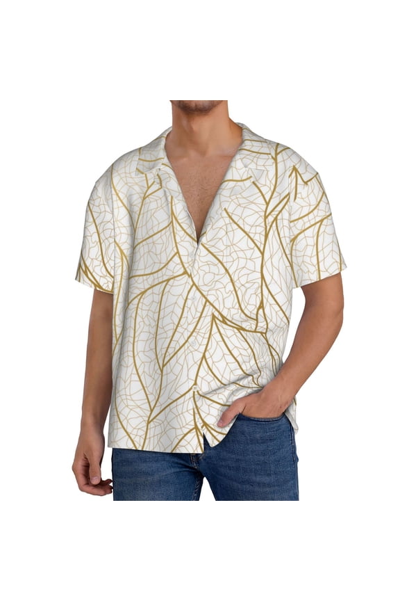 Elegant Gold Leaf Pattern Print Men's Short-sleeved Shirts, Button-down Pocket Shirts, T-shirts, Beach Vacation Travel Summer Clothing-Medium